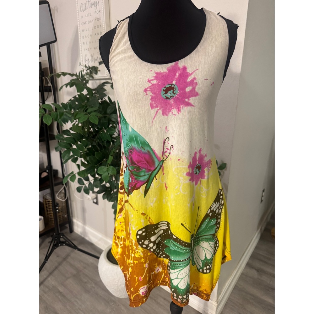 Y2K Ace Fashion Butterfly Rhinestone Lace Racerback Mini Dress Yellow Size M